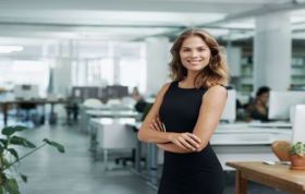 Woman in a black dress standing confidently at a desk, representing the Administering Microsoft SQL 2012 Online course in a professional setting.