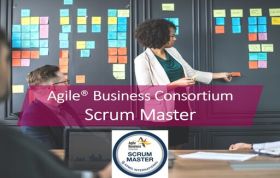 Scrum Master leading an Agile Business Consortium meeting, facilitating collaboration and teamwork for effective agile practices.