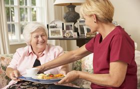 A woman serves a meal to an older woman, highlighting care and companionship, representing the Carers Awareness Online course.