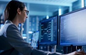 A woman in a business suit works on two screens in an office, representing the CompTIA Cybersecurity Analyst (CySA+) course.