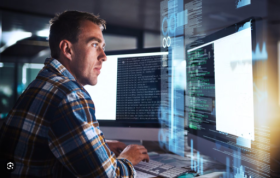 A man works on two computer screens, representing Cybersecurity Courses for Beginners, focused on digital security tasks.