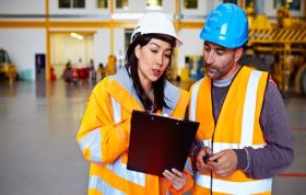 Two individuals in safety vests review a clipboard, representing the Health and Safety Training Bundle course.