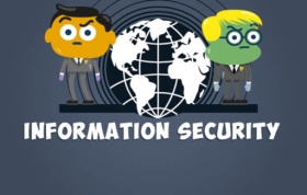 Two cartoon characters with a globe labeled "Information Security," stressing protection of personal records and databases.