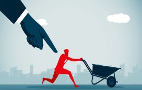 Businessman pointing at a wheelbarrow, representing the Modern Slavery Online course, highlighting task direction and awareness.