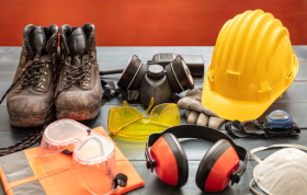 Personal Protective Equipment (PPE) on a desk, emphasizing the importance of selecting suitable PPE in the workplace.