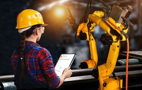 Female employee noting on tablet, focusing on PUWER guidelines to guarantee the safety of equipment in the workplace.