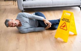 Person sitting on floor near caution sign, highlighting risks of Slips, Trips, and Falls in a comfortable indoor environment.
