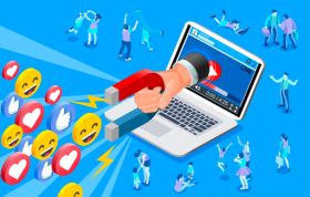 holding laptop with social media icons, representing the Social Media Marketing 2020 course for digital marketing skills.